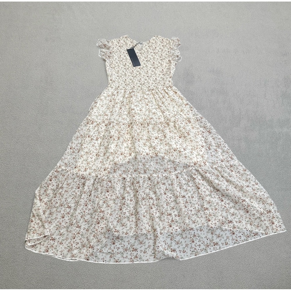 NWT S DEER Sun Dress Cream Floral Smocked Ruffle Sleeve Summer Spring S.Deer Mid